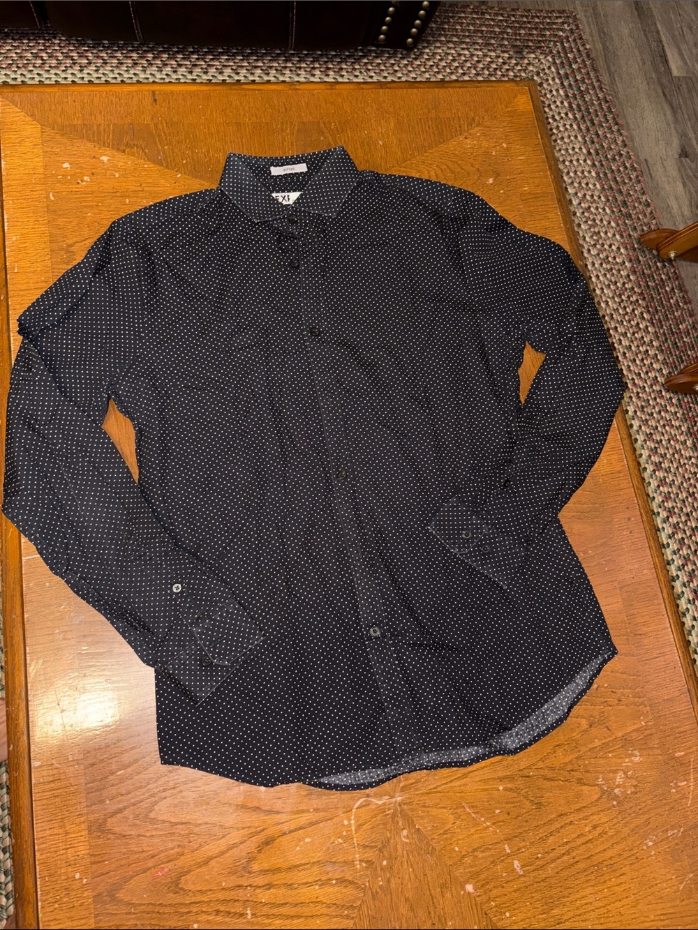 Express Men's Black Button-Down Shirt with White Micro-Dot Pattern